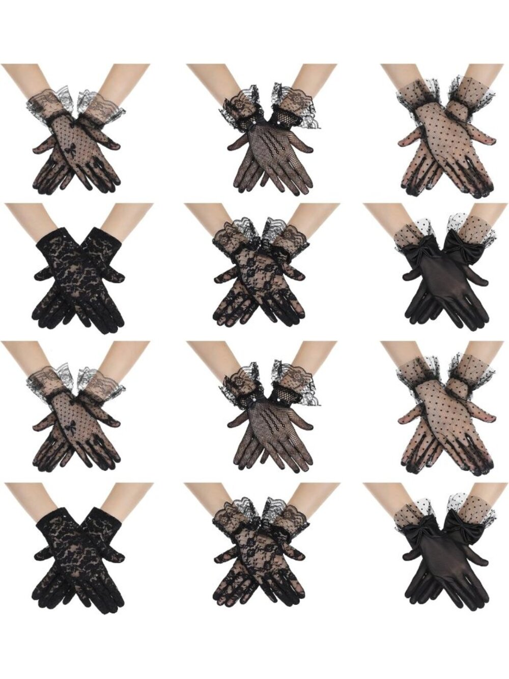 Elegant Black Lace Gloves - 12 Pairs for Tea Parties, Halloween & Special Events
